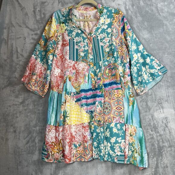 Women Dress Large Made In Italy Mix Print Patch Dress Fairy Bell Sleeve - Picture 12 of 12